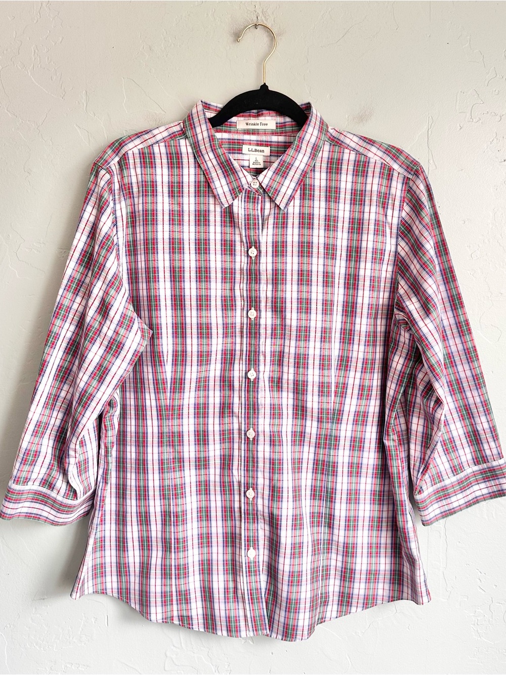 NWOT L.L. Bean Wrinkle Free Classic Preppy Plaid Button Up Shirt Women's Large